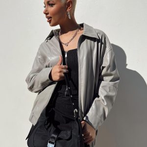 Braelynn Faux Leather Bomber Jacket Grey