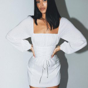 Fauce Long Sleeve Mini Dress Cream