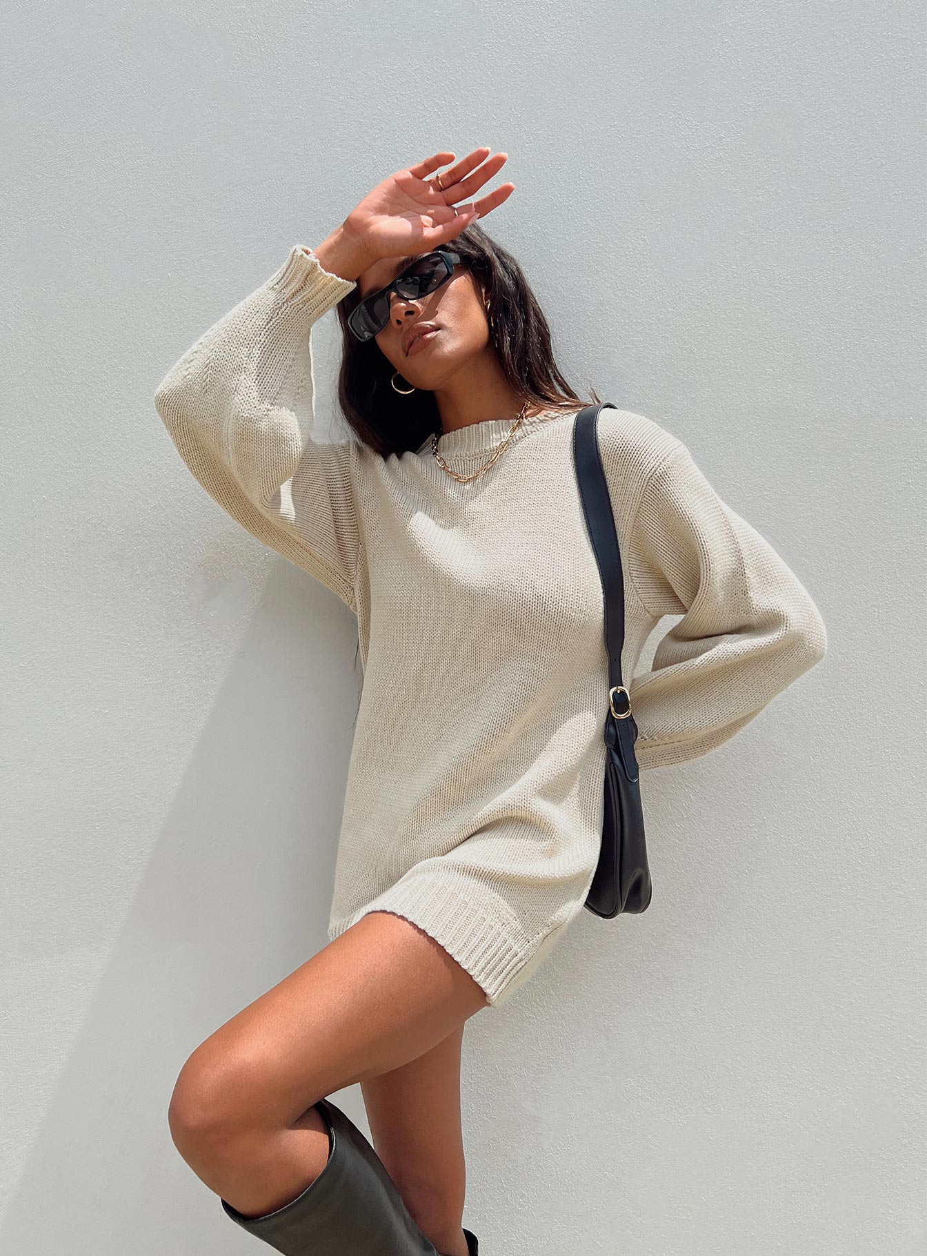 Harmony Balloon Sleeve Knit Mini Dress Beige - Image 7