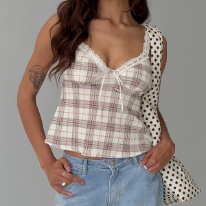 Pretty It Up Tie Detail Top Beige Check