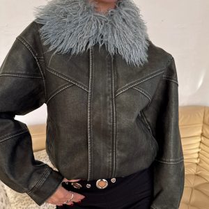 Brittanni Fluffy Collar Jacket Black / Blue