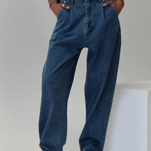 Forestier Mid Rise Barrel Leg Pin Tuck Jeans Mid Blue