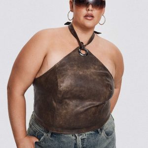 Treat You Better Ring Detail Faux Leather Top Brown Curve