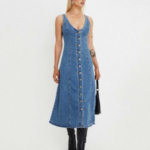 Midler Denim Midi Dress Mid Blue