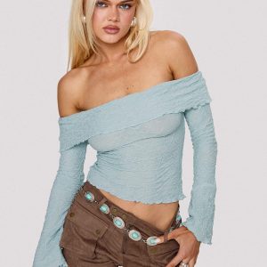 Back With Love Off Shoulder Long Sleeve Top Blue