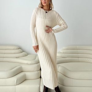 Rahne Long Sleeve Knit Maxi Dress Cream
