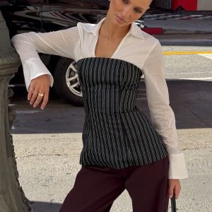 Maralyn Strapless Top Black Pinstripe