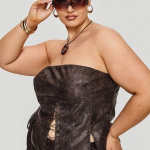 Afraid Strapless Faux Leather Top Brown Curve