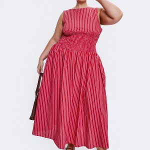 Lilienne Cotton Poplin Maxi Dress Red Stripe Curve
