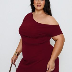 Prestige One Shoulder Mini Dress Burgundy Curve