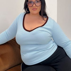 Baseline V Neck Long Sleeve Top Blue / Brown Curve