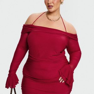 Taylon Off Shoulder Long Sleeve Mini Dress Red Curve