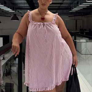 Zalina Babydoll Mini Dress Pink Stripe Curve
