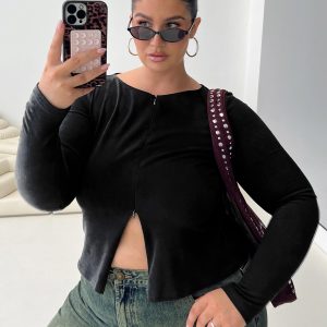 Kortez Long Sleeve Zip Through Top Black Curve