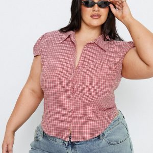 Float Away Button Up Top Red Check Curve