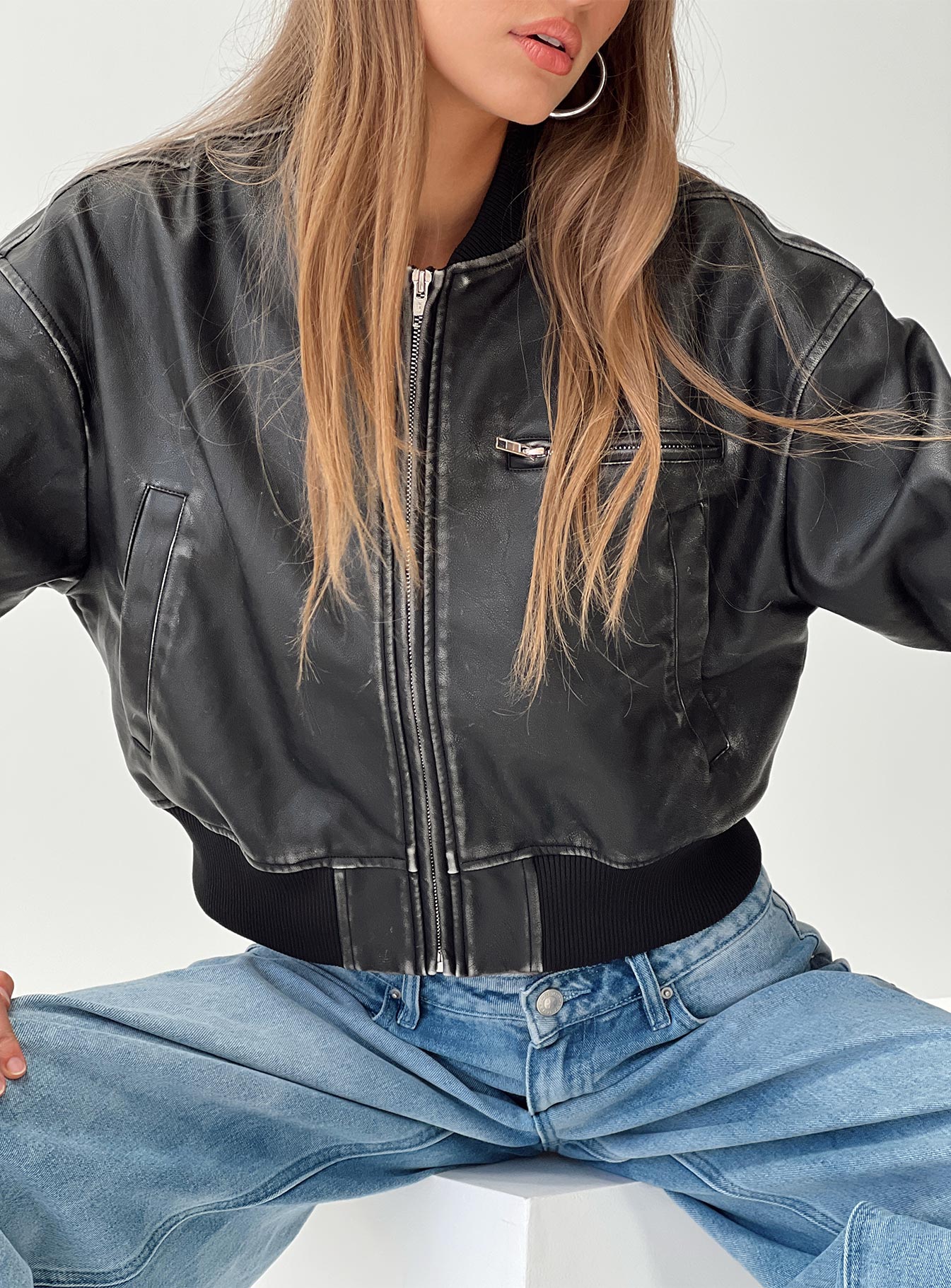 Sweet Disaster Faux Leather Cropped Bomber Jacket Black - Image 10