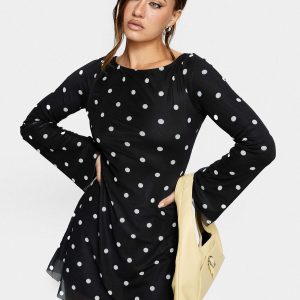 Lukea Long Sleeve Mini Dress Black Polka Dot