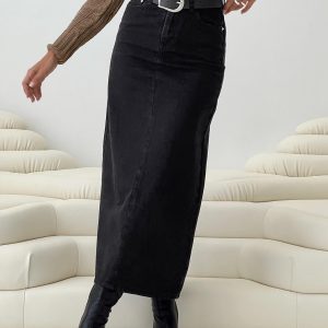 Whessler Split Back Denim Midi Skirt Black