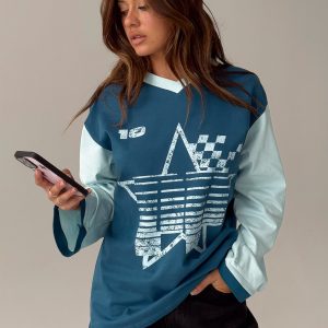 Starletta Long Sleeve Moto Top Blue