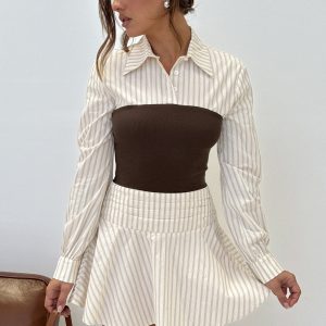 Belva Long Sleeve Corset Shirt Mini Dress Brown Stripe