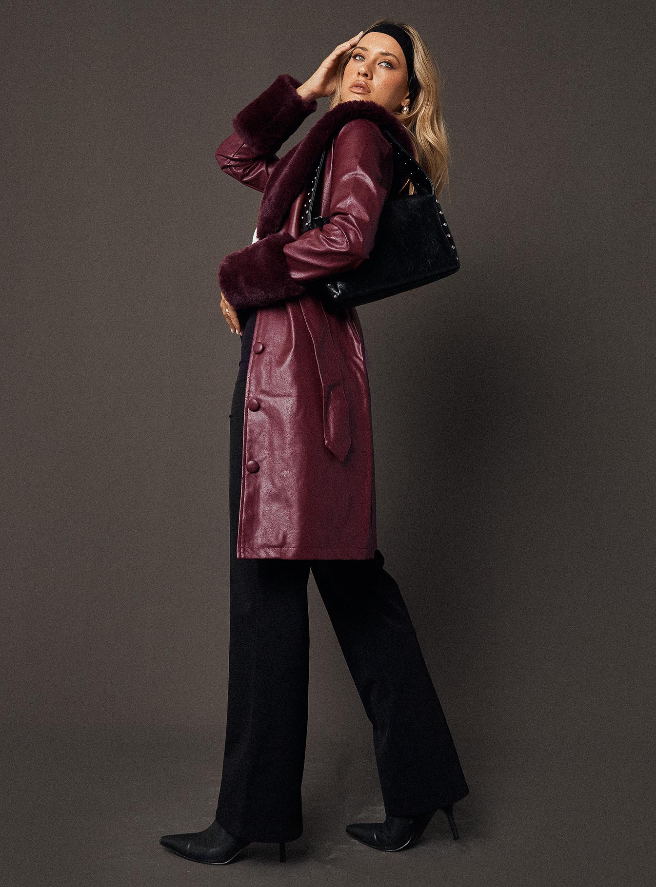 Brooklyn Faux Leather Longline Coat Burgundy - Image 7
