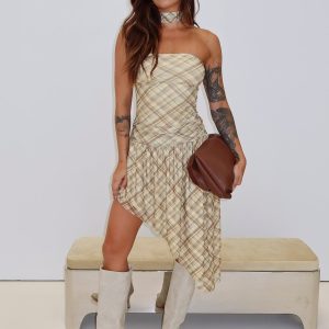 Cambria Strapless Scarf Midi Dress Yellow Check