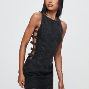 Chatter Buckle Side Denim Mini Dress Charcoal