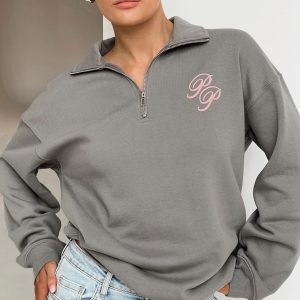 Princess Polly Quarter Zip Sweatshirt Cursive Text Charcoal / Light Pink