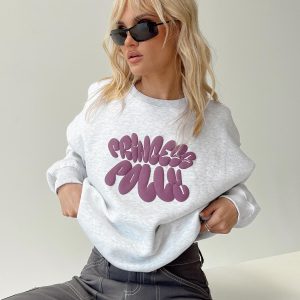 Princess Polly Crew Neck Sweatshirt Bubble Text Grey Marle / Burgundy