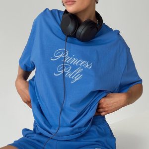 Princess Polly Cursive Oversized Tee Blue / White