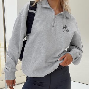 Princess Polly Quarter Zip Sweatshirt Cursive Text Grey Marle / Slate