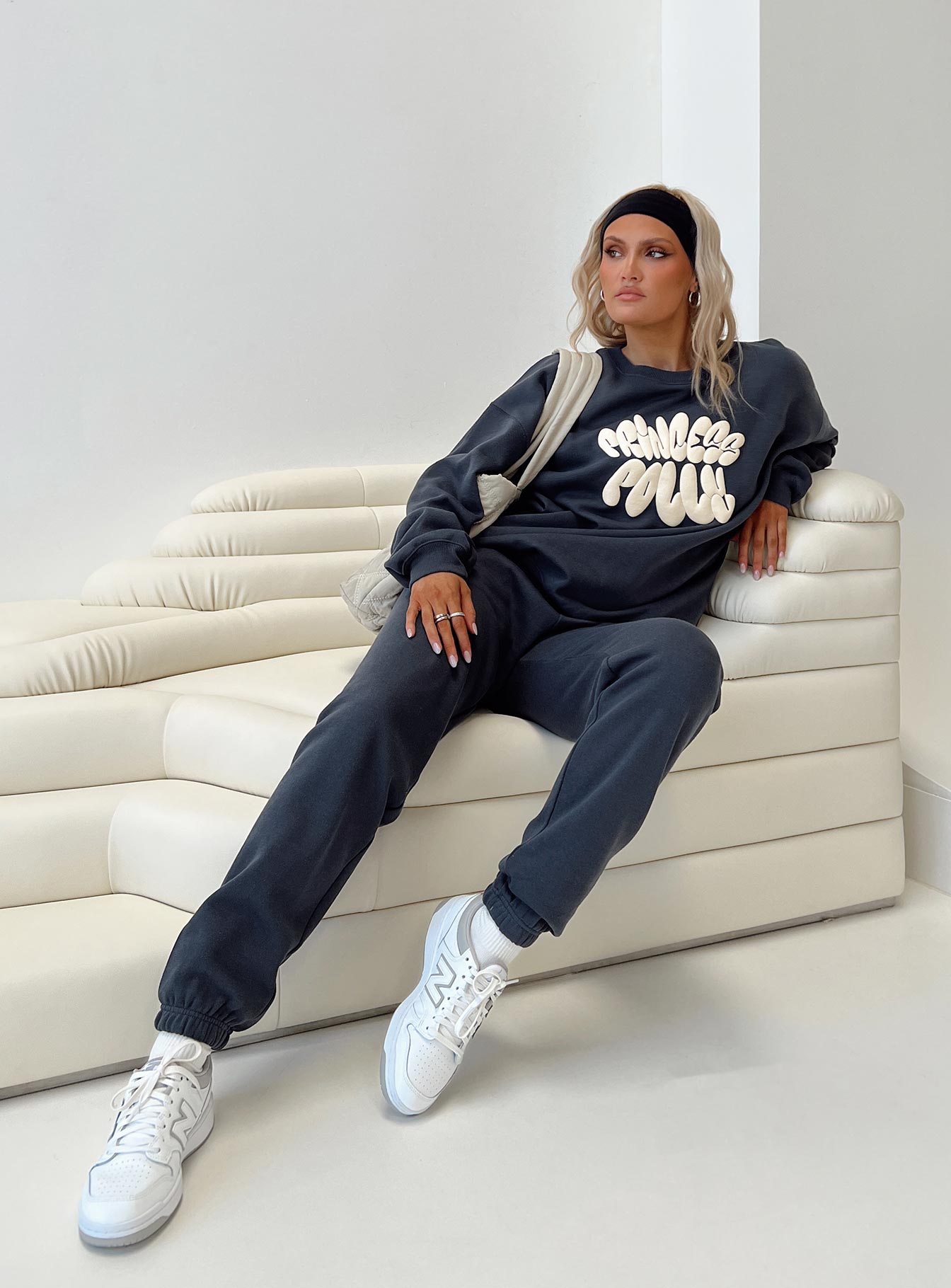 Princess Polly Track Pants Bubble Text Slate / Eggshell - Image 12