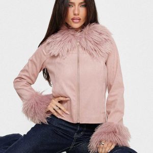 Jeanna Suede Faux Fur Detail Jacket Pink
