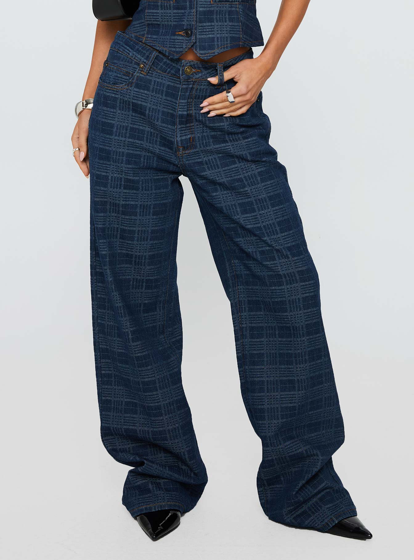 Top Model Low Rise Straight Leg Jeans Indigo Plaid - Image 2