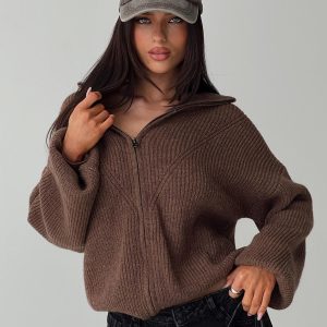 Hertford Zip Through Knit Sweater Brown