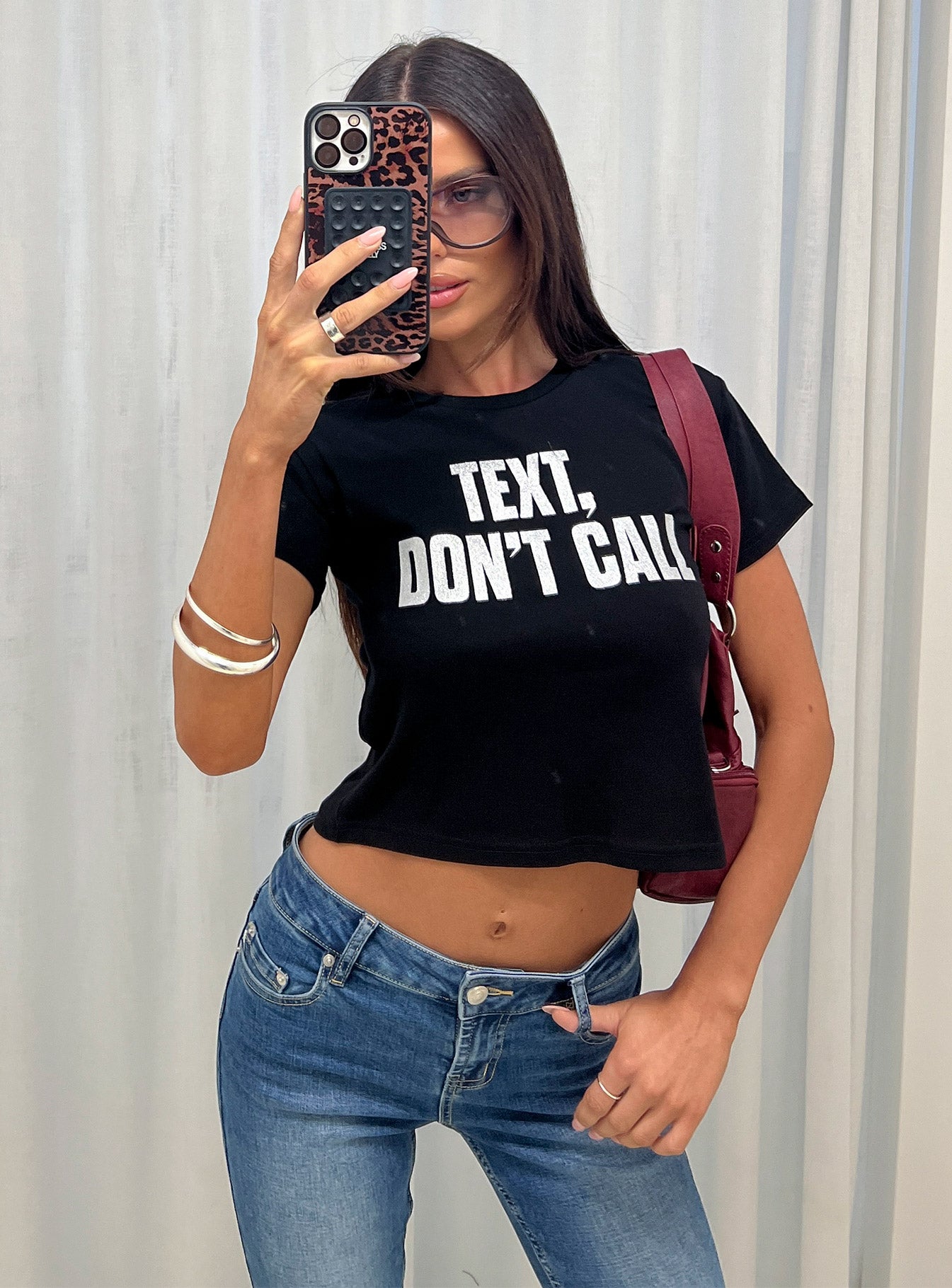 Text. Don't Call Shimmer Graphic Top Black