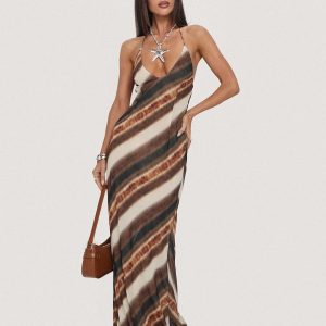 Esmira Halter Maxi Dress Brown Stripe