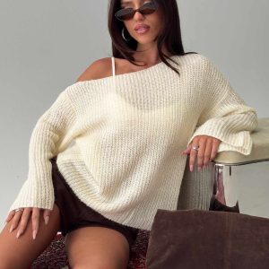 Delyn Off Shoulder Slouchy Knit Sweater Cream