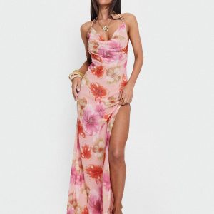 Sibellah Beaded Cowl Neck Maxi Dress Pink Multi