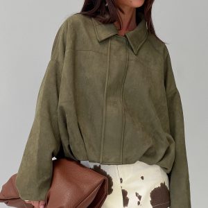 Enlightened Faux Suede Bomber Jacket Khaki