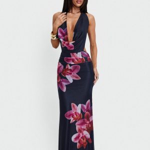 Tigress Halter Maxi Dress Navy Floral