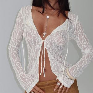 Open Your Heart Tie Detail Long Sleeve Top Cream