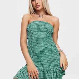 Porschia Strapless Mini Dress Green Check