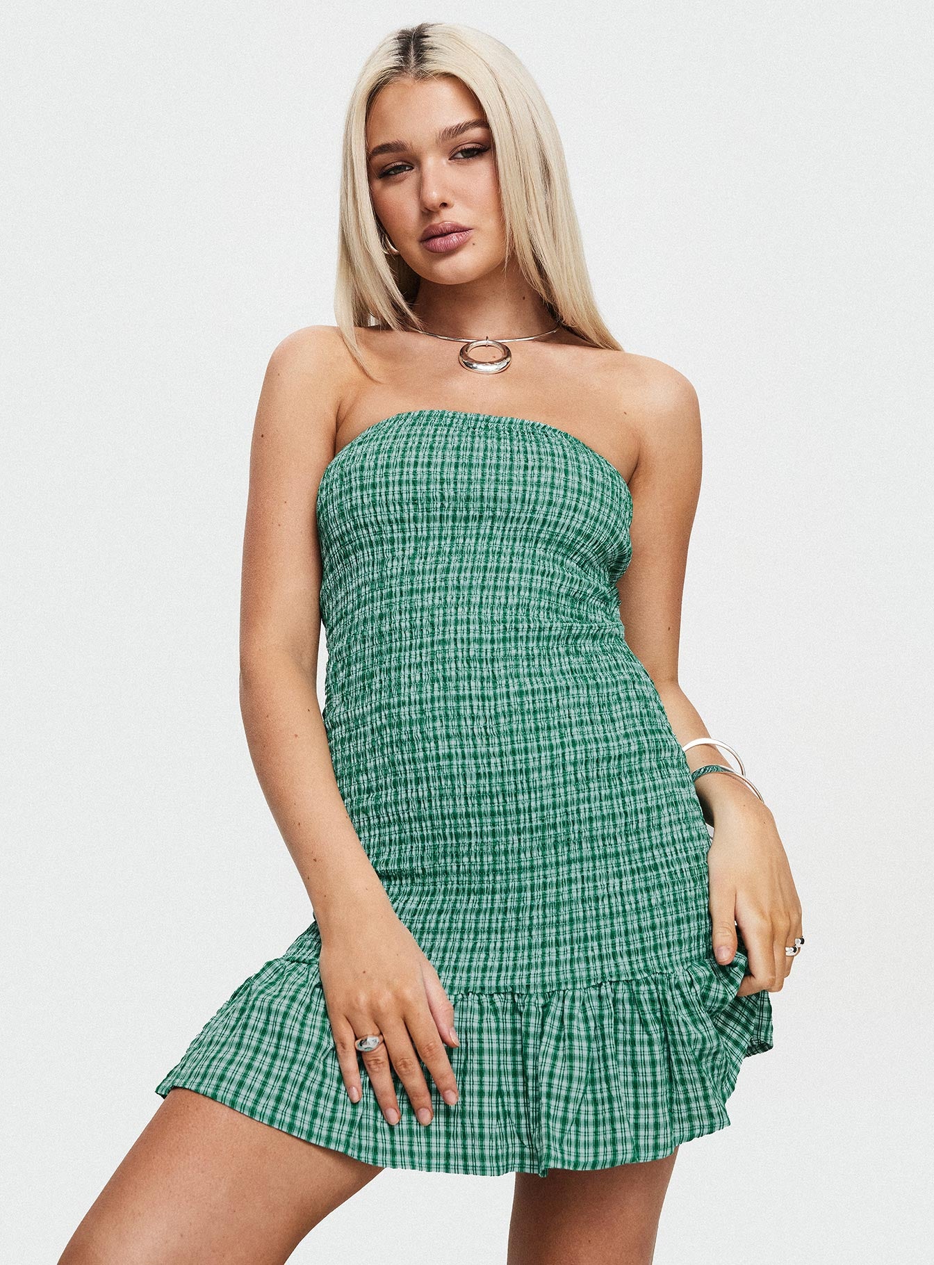 Porschia Strapless Mini Dress Green Check