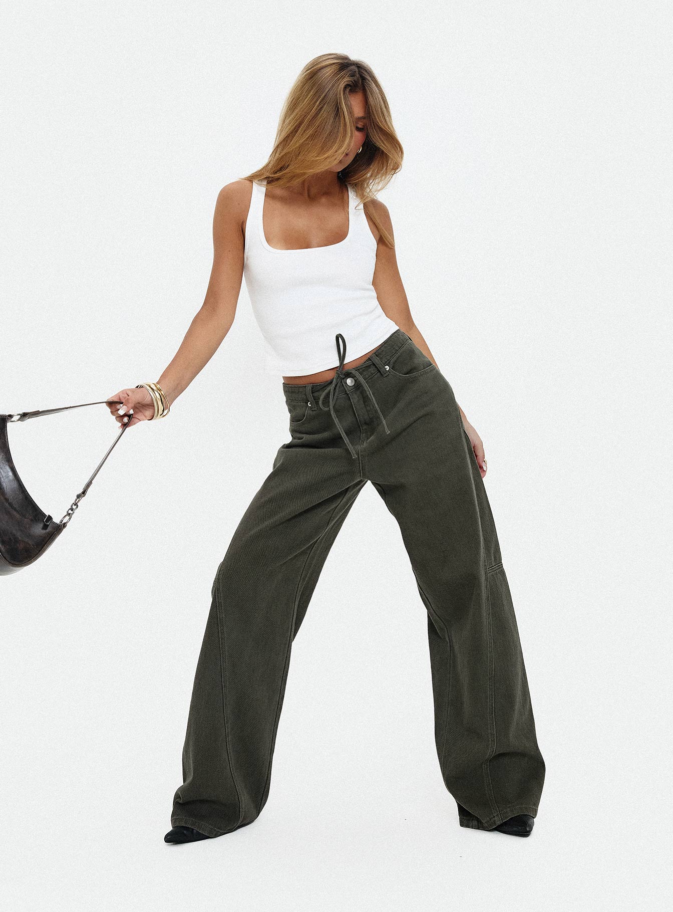 Bruiser Tie Waist Mid Rise Wide Leg Jeans Green