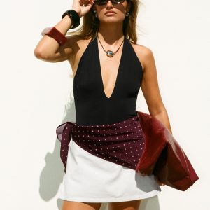 Kendrae Plunge Halter Bodysuit Black