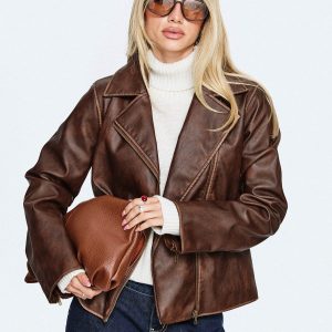 Vyolette Faux Leather Collared Jacket Washed Brown