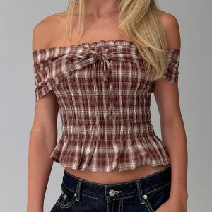 Avalynn Off Shoulder Shirred Top Brown Check