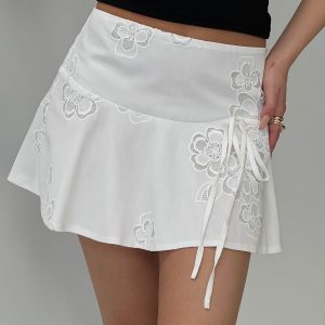Drisana Tie Detail Embroidered Mini Skirt White