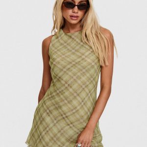 Buffie Shoulder Mini Dress Green Check
